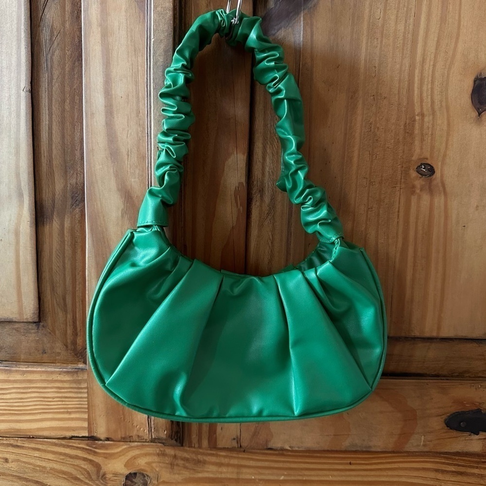 Green Ruched Hobo Mini Bag Underarm Purse Y2K Shoulder Bag Pleated PU Leather - Picture 10 of 12